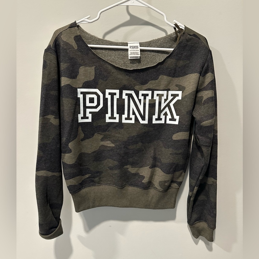 Off The Shoulder Camo Sweatshirt from PINK, Victoria Secret